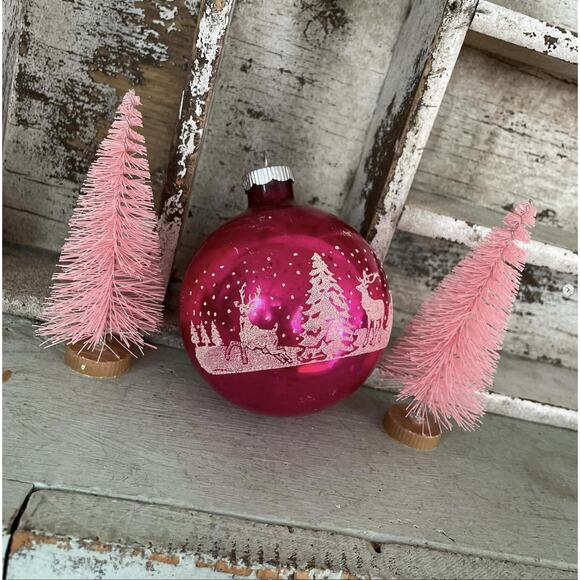 Vintage Pink Shiny Brite Glass Ornament Stencil Winter Deer Valentine Jumbo - Picture 2 of 5